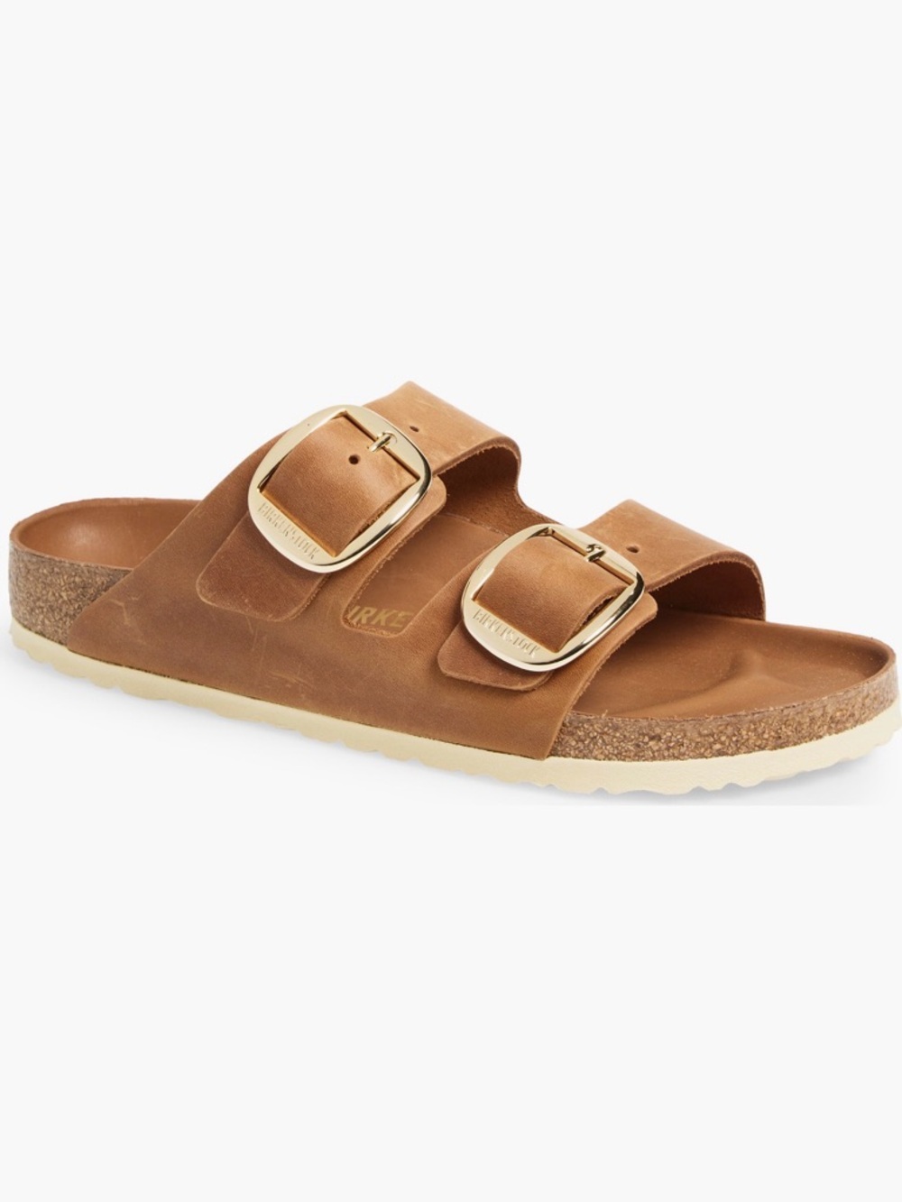 Birkenstock Two-Strap Slide Sandal in Light Brown with Gold Buckles